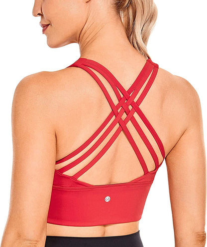 CRZ YOGA Strappy Longline Sports Bras for Women - Wirefree Padded Criss Cross Yoga Bras Cropped Tank Tops Crimson / X-Large