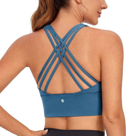 CRZ YOGA Strappy Longline Sports Bras for Women - Wirefree Padded Criss Cross Yoga Bras Cropped Tank Tops Petrol Blue / Large