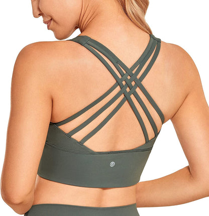 CRZ YOGA Strappy Longline Sports Bras for Women - Wirefree Padded Criss Cross Yoga Bras Cropped Tank Tops Grey Sage / X-Large