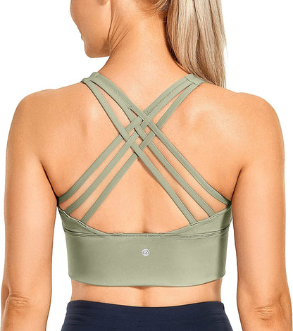 CRZ YOGA Strappy Longline Sports Bras for Women - Wirefree Padded Criss Cross Yoga Bras Cropped Tank Tops Carbon Dust / Small