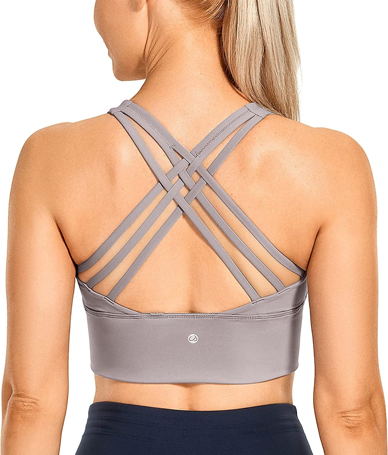 CRZ YOGA Strappy Longline Sports Bras for Women - Wirefree Padded Criss Cross Yoga Bras Cropped Tank Tops Lunar Rock / X-Large