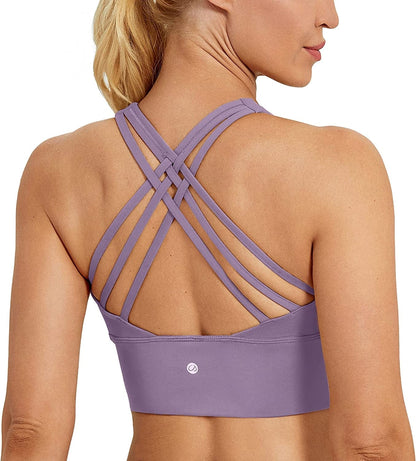 CRZ YOGA Strappy Longline Sports Bras for Women - Wirefree Padded Criss Cross Yoga Bras Cropped Tank Tops Matt Purple / X-Small