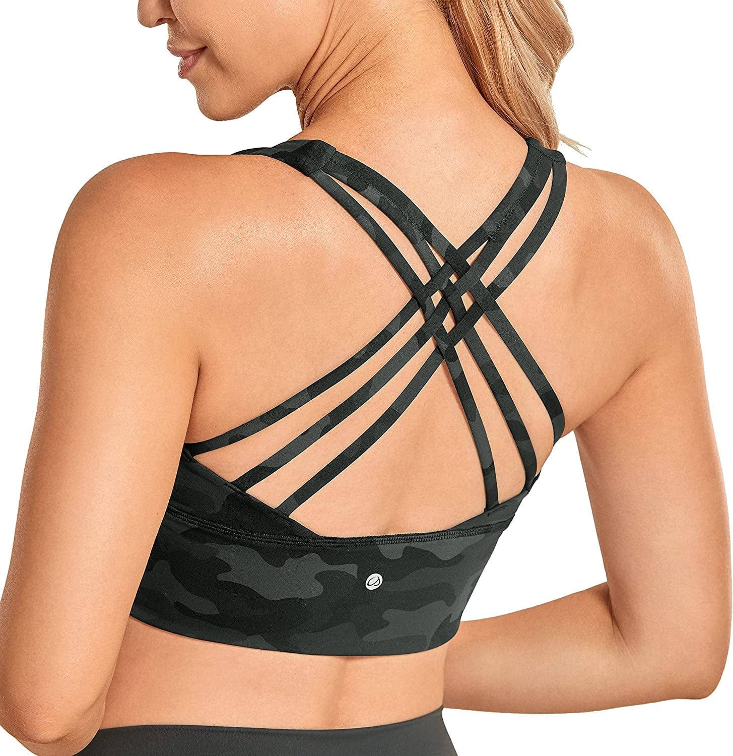 CRZ YOGA Strappy Longline Sports Bras for Women - Wirefree Padded Criss Cross Yoga Bras Cropped Tank Tops Olive Camouflage / Small