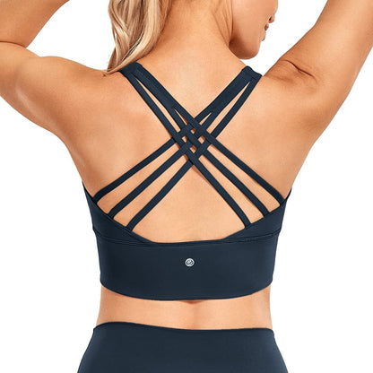 CRZ YOGA Strappy Longline Sports Bras for Women - Wirefree Padded Criss Cross Yoga Bras Cropped Tank Tops True Navy / Small