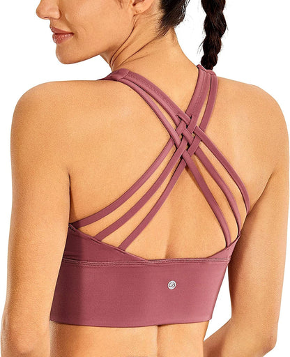 CRZ YOGA Strappy Longline Sports Bras for Women - Wirefree Padded Criss Cross Yoga Bras Cropped Tank Tops Misty Merlot / Large