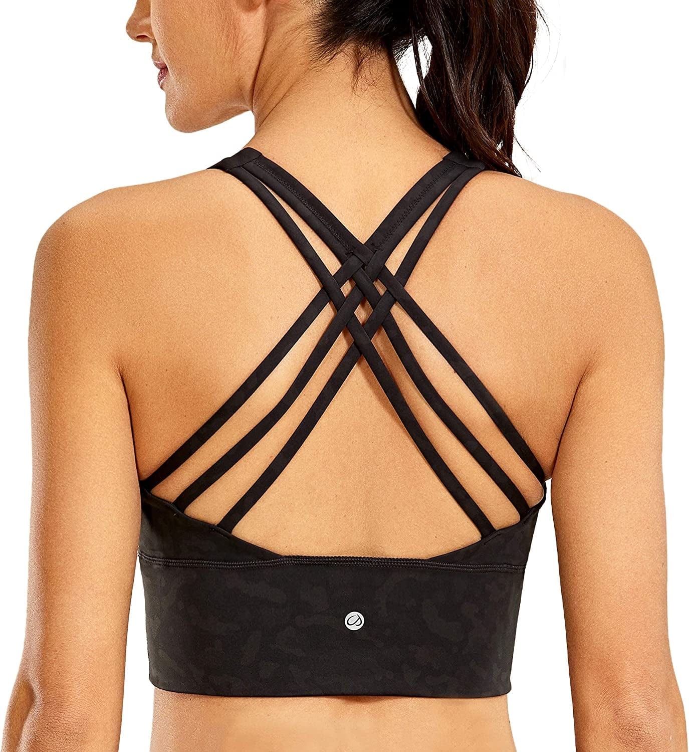 CRZ YOGA Strappy Longline Sports Bras for Women - Wirefree Padded Criss Cross Yoga Bras Cropped Tank Tops Olive Leopard Grain / Large