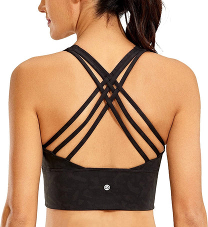 CRZ YOGA Strappy Longline Sports Bras for Women - Wirefree Padded Criss Cross Yoga Bras Cropped Tank Tops Olive Leopard Grain / Large