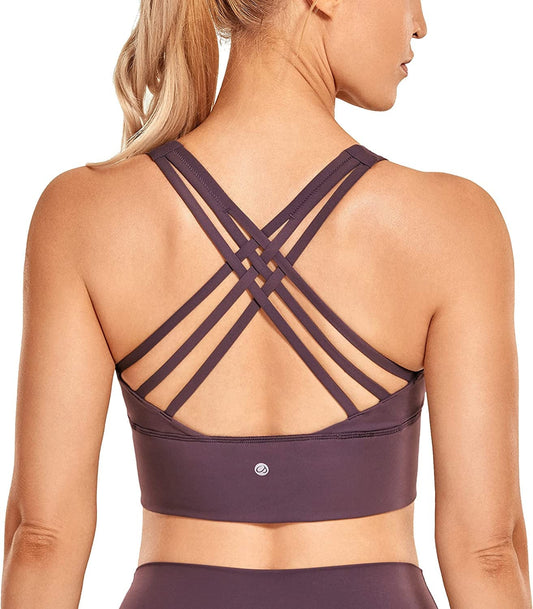 CRZ YOGA Strappy Longline Sports Bras for Women - Wirefree Padded Criss Cross Yoga Bras Cropped Tank Tops Arctic Plum / Small
