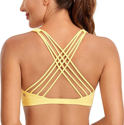 CRZ YOGA Strappy Sports Bras for Women - Criss Cross Back Sexy Wireless Padded Yoga Bra Cute Workout Lemon Vibe / Large