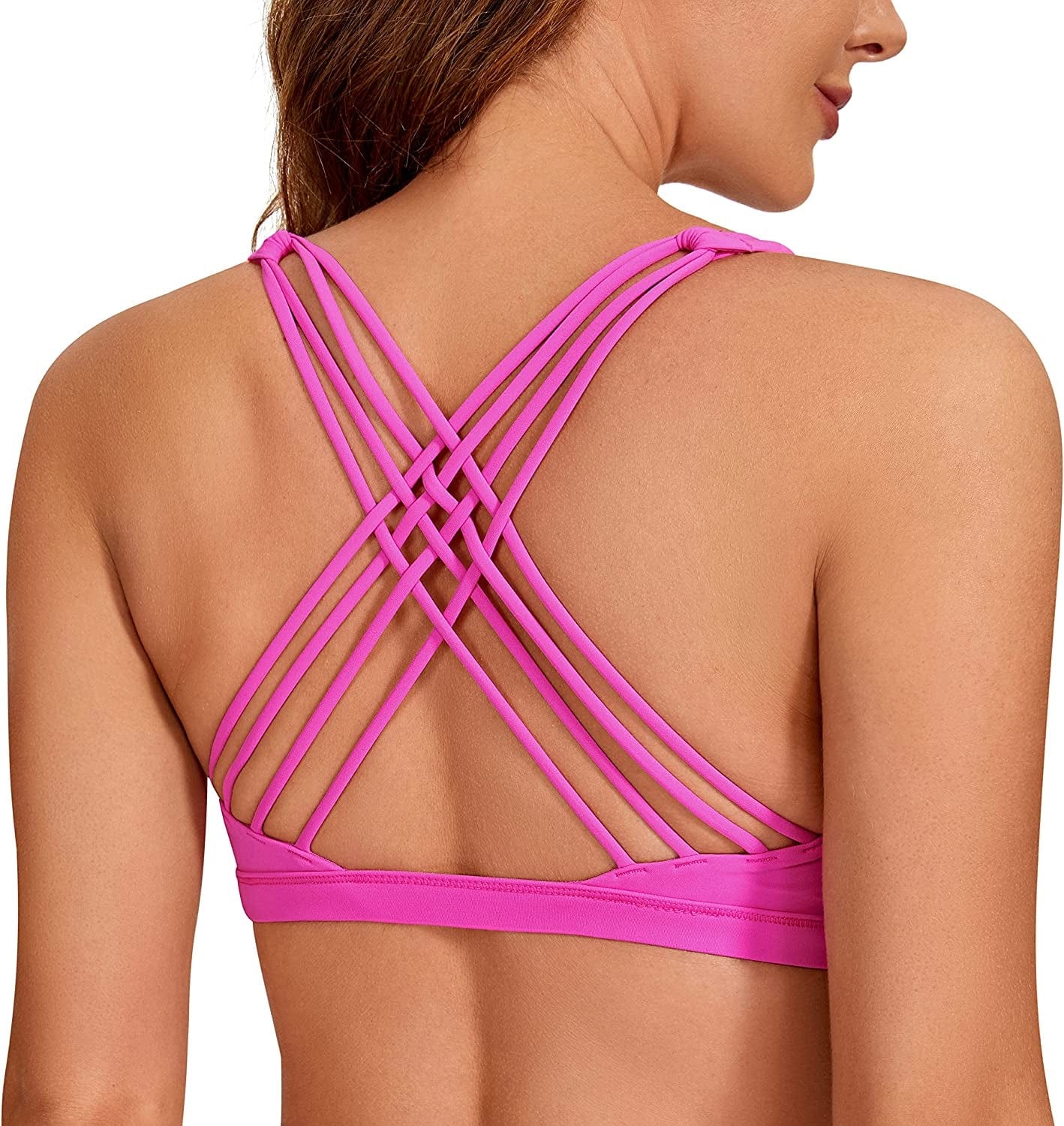 CRZ YOGA Strappy Sports Bras for Women - Criss Cross Back Sexy Wireless Padded Yoga Bra Cute Workout (Neon)light Purple / Large