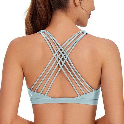CRZ YOGA Strappy Sports Bras for Women - Criss Cross Back Sexy Wireless Padded Yoga Bra Cute Workout Light Grayish Blue / X-Large