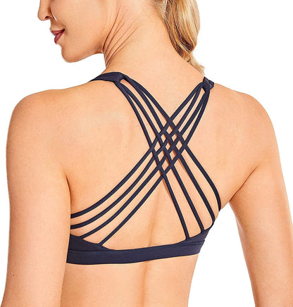 CRZ YOGA Strappy Sports Bras for Women - Criss Cross Back Sexy Wireless Padded Yoga Bra Cute Workout Navy / Small