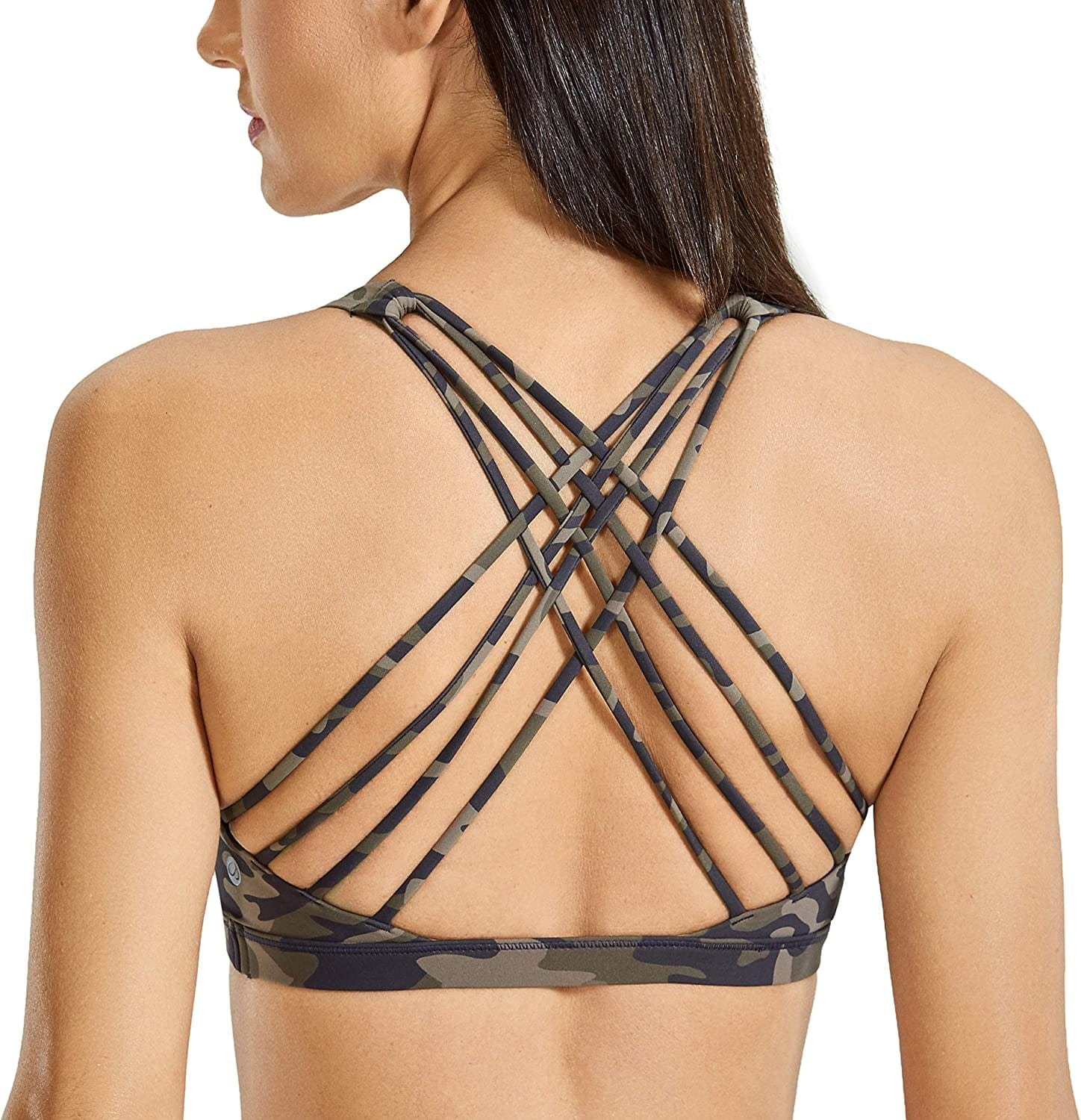 CRZ YOGA Strappy Sports Bras for Women - Criss Cross Back Sexy Wireless Padded Yoga Bra Cute Workout Camo Multi 10 / Large