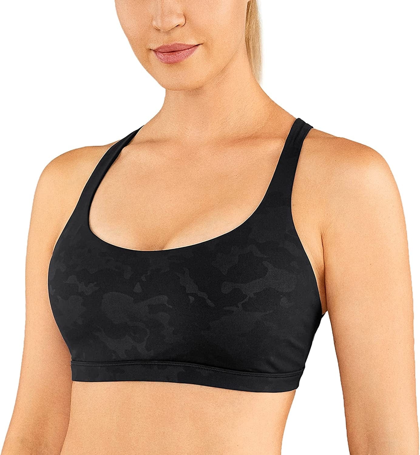 CRZ YOGA Strappy Sports Bras for Women - Criss Cross Back Sexy Wireless Padded Yoga Bra Cute Workout Camouflage -Black / Medium
