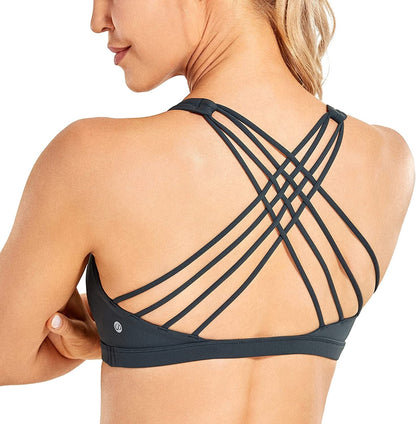 CRZ YOGA Strappy Sports Bras for Women - Criss Cross Back Sexy Wireless Padded Yoga Bra Cute Workout Melanite / X-Large