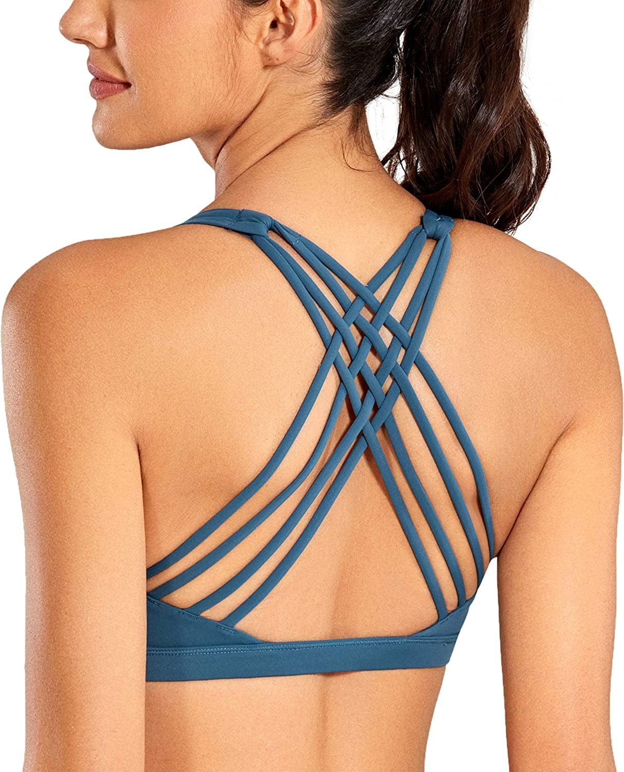 CRZ YOGA Strappy Sports Bras for Women - Criss Cross Back Sexy Wireless Padded Yoga Bra Cute Workout A04-petrol Blue / Medium