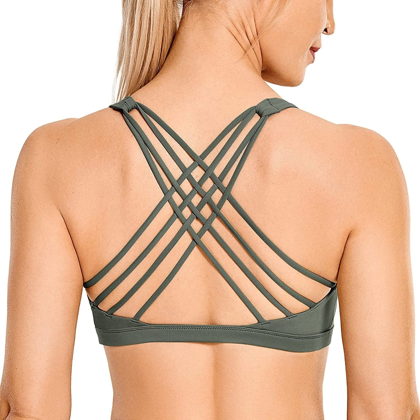 CRZ YOGA Strappy Sports Bras for Women - Criss Cross Back Sexy Wireless Padded Yoga Bra Cute Workout Grey Sage / Large