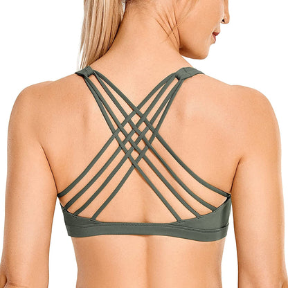 CRZ YOGA Strappy Sports Bras for Women - Criss Cross Back Sexy Wireless Padded Yoga Bra Cute Workout Grey Sage / Large