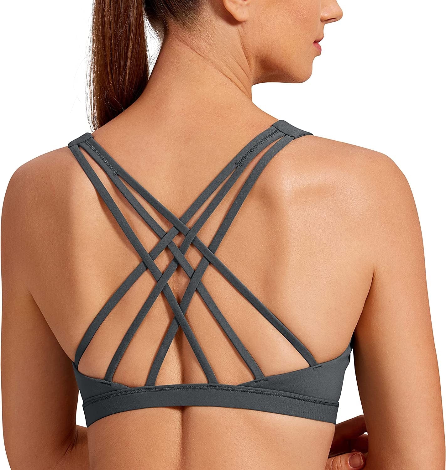 CRZ YOGA Strappy V Neck Sports Bra for Women - Padded Criss Cross Back Workout Yoga Bra Dark Carbon / Medium