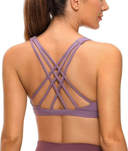 CRZ YOGA Strappy V Neck Sports Bra for Women - Padded Criss Cross Back Workout Yoga Bra Matt Purple / Medium