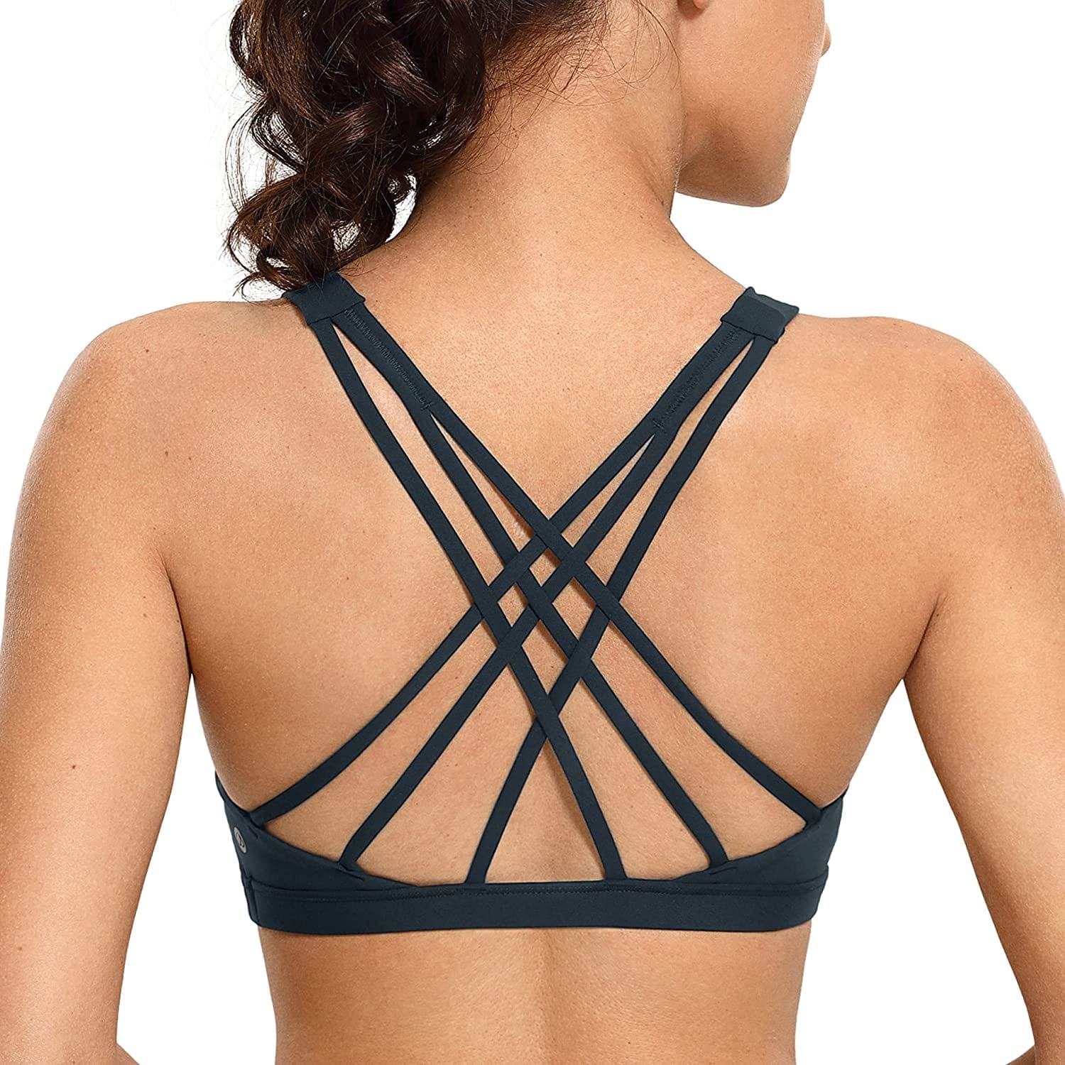 CRZ YOGA Strappy V Neck Sports Bra for Women - Padded Criss Cross Back Workout Yoga Bra True Navy / Medium