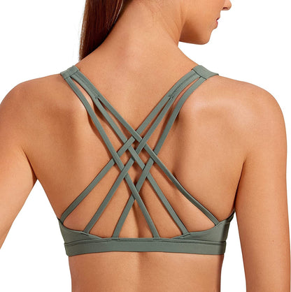 CRZ YOGA Strappy V Neck Sports Bra for Women - Padded Criss Cross Back Workout Yoga Bra Grey Sage / Medium