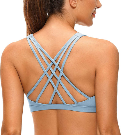 CRZ YOGA Strappy V Neck Sports Bra for Women - Padded Criss Cross Back Workout Yoga Bra The Breeze Blue / Large