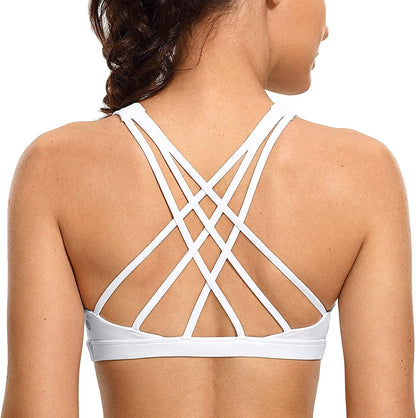 CRZ YOGA Strappy V Neck Sports Bra for Women - Padded Criss Cross Back Workout Yoga Bra White / Large