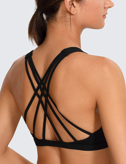 CRZ YOGA Strappy V Neck Sports Bra for Women - Padded Criss Cross Back Workout Yoga Bra