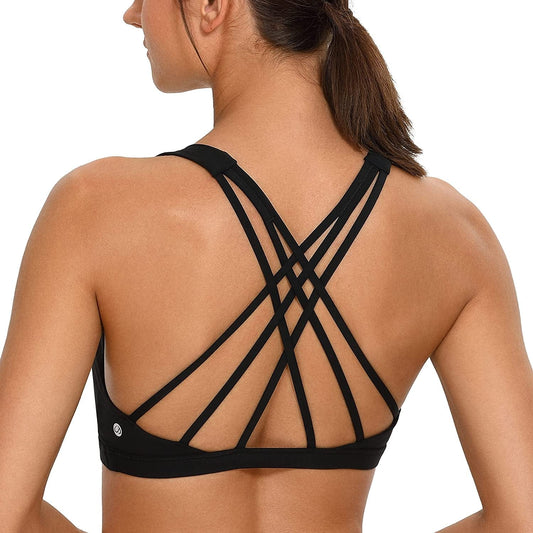 CRZ YOGA Strappy V Neck Sports Bra for Women - Padded Criss Cross Back Workout Yoga Bra Black / Medium