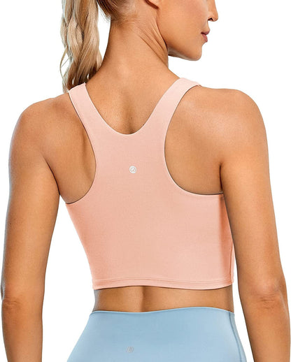CRZ YOGA Women'S High Neck Longline Sports Bra - Padded Racerback Yoga Bra Crop Tank Top with Built in Shelf Bra Misty Rose / Large