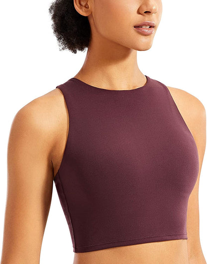 CRZ YOGA Women'S High Neck Longline Sports Bra - Padded Racerback Yoga Bra Crop Tank Top with Built in Shelf Bra Dark Russet / Small