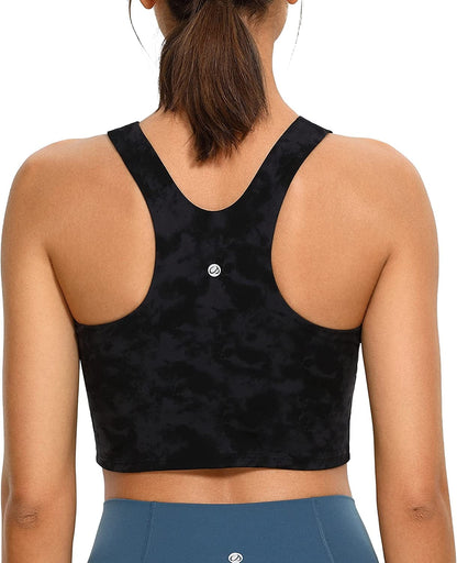 CRZ YOGA Women'S High Neck Longline Sports Bra - Padded Racerback Yoga Bra Crop Tank Top with Built in Shelf Bra Tie Dye Smoke Ink / X-Large