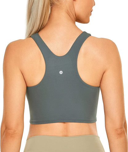 CRZ YOGA Women'S High Neck Longline Sports Bra - Padded Racerback Yoga Bra Crop Tank Top with Built in Shelf Bra Grey Sage / X-Large