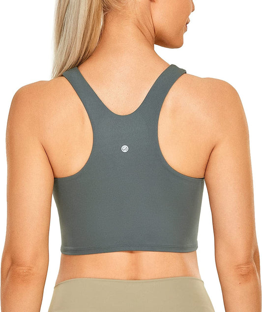 CRZ YOGA Women'S High Neck Longline Sports Bra - Padded Racerback Yoga Bra Crop Tank Top with Built in Shelf Bra Grey Sage / X-Large