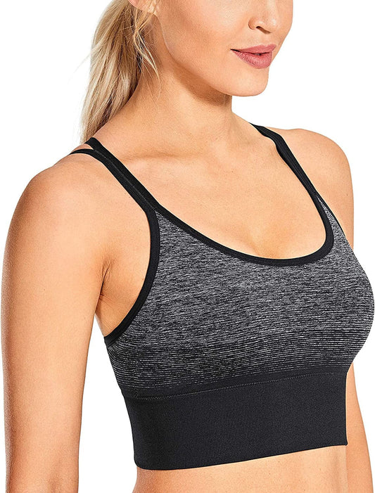 CRZ YOGA Women'S Seamless Longline Sports Bra Strappy Padded Wirefree Sexy Yoga Bra Crop Tank Tops Carbon Back Flower Ash / Large