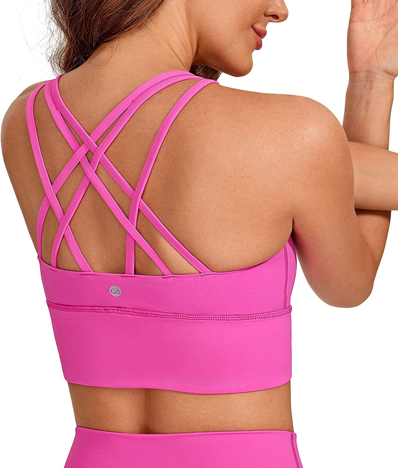 CRZ YOGA Women'S Strappy Longline Sports Bras - Wirefree Padded Medium Impact Workout Crop Tank Top (Neon)light Purple / X-Small