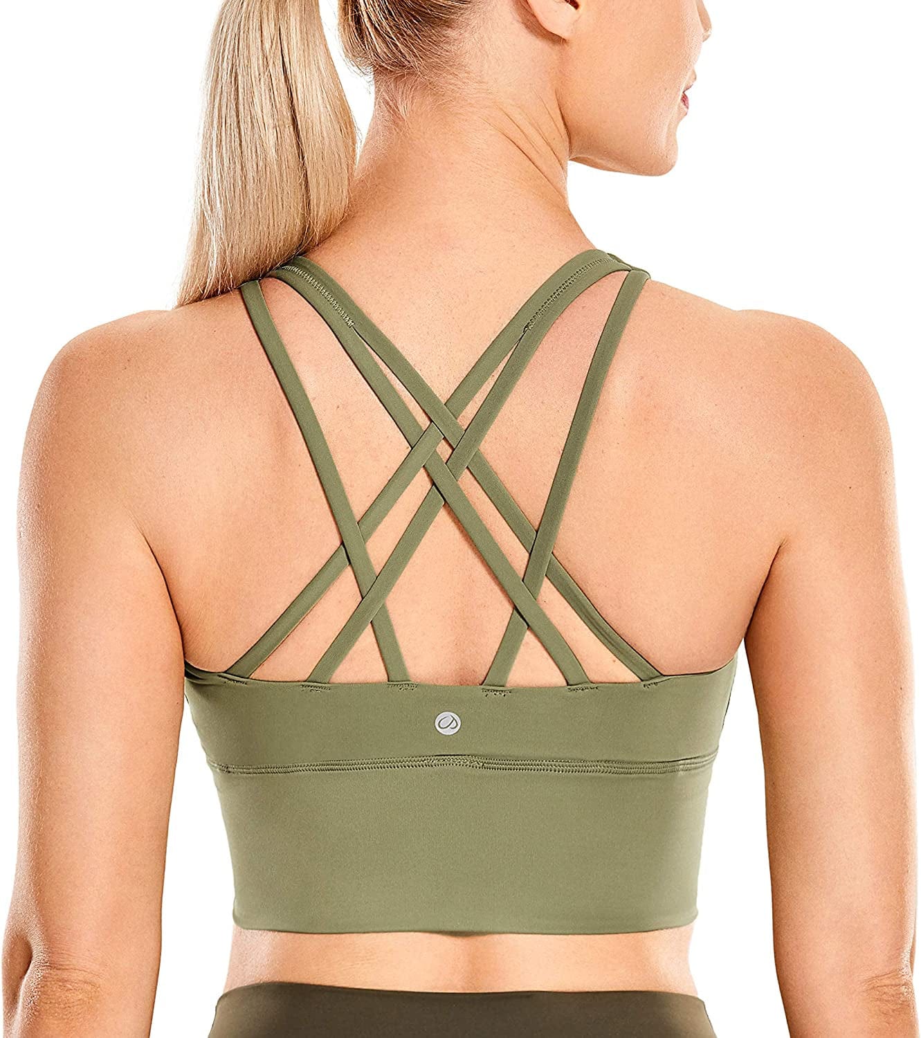 CRZ YOGA Women'S Strappy Longline Sports Bras - Wirefree Padded Medium Impact Workout Crop Tank Top Moss Green / Small