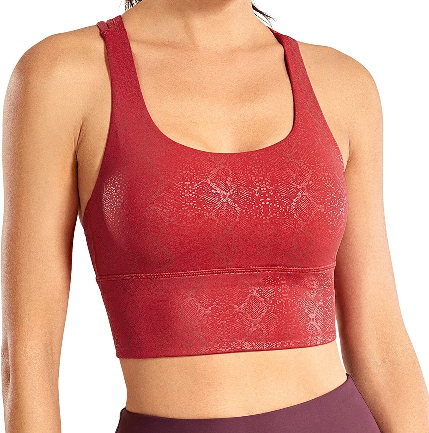 CRZ YOGA Women'S Strappy Longline Sports Bras - Wirefree Padded Medium Impact Workout Crop Tank Top Faux Leather Crimson Snake / Small