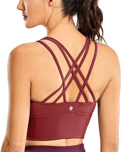 CRZ YOGA Women'S Strappy Longline Sports Bras - Wirefree Padded Medium Impact Workout Crop Tank Top Savannah / Small