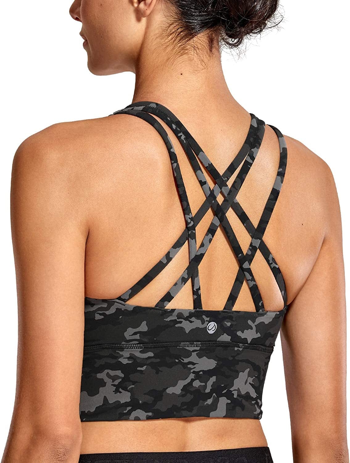 CRZ YOGA Women'S Strappy Longline Sports Bras - Wirefree Padded Medium Impact Workout Crop Tank Top Camo Multi One / Small