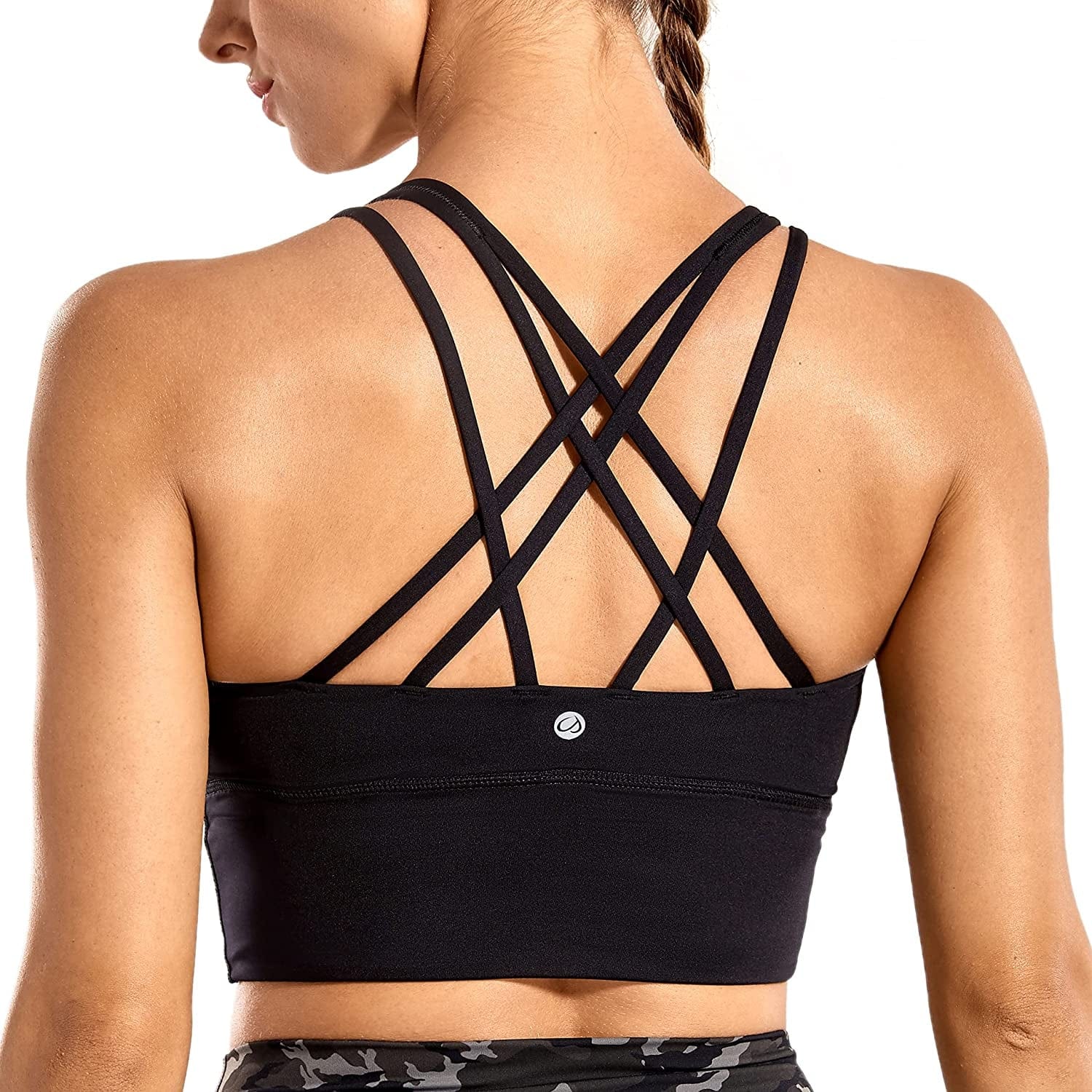 CRZ YOGA Women'S Strappy Longline Sports Bras - Wirefree Padded Medium Impact Workout Crop Tank Top Black / X-Large