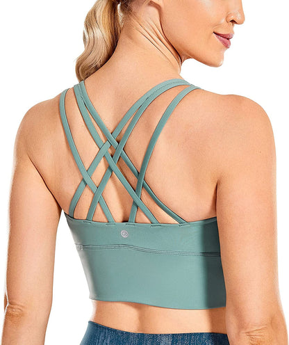 CRZ YOGA Women'S Strappy Longline Sports Bras - Wirefree Padded Medium Impact Workout Crop Tank Top Grey Feather Green / Small