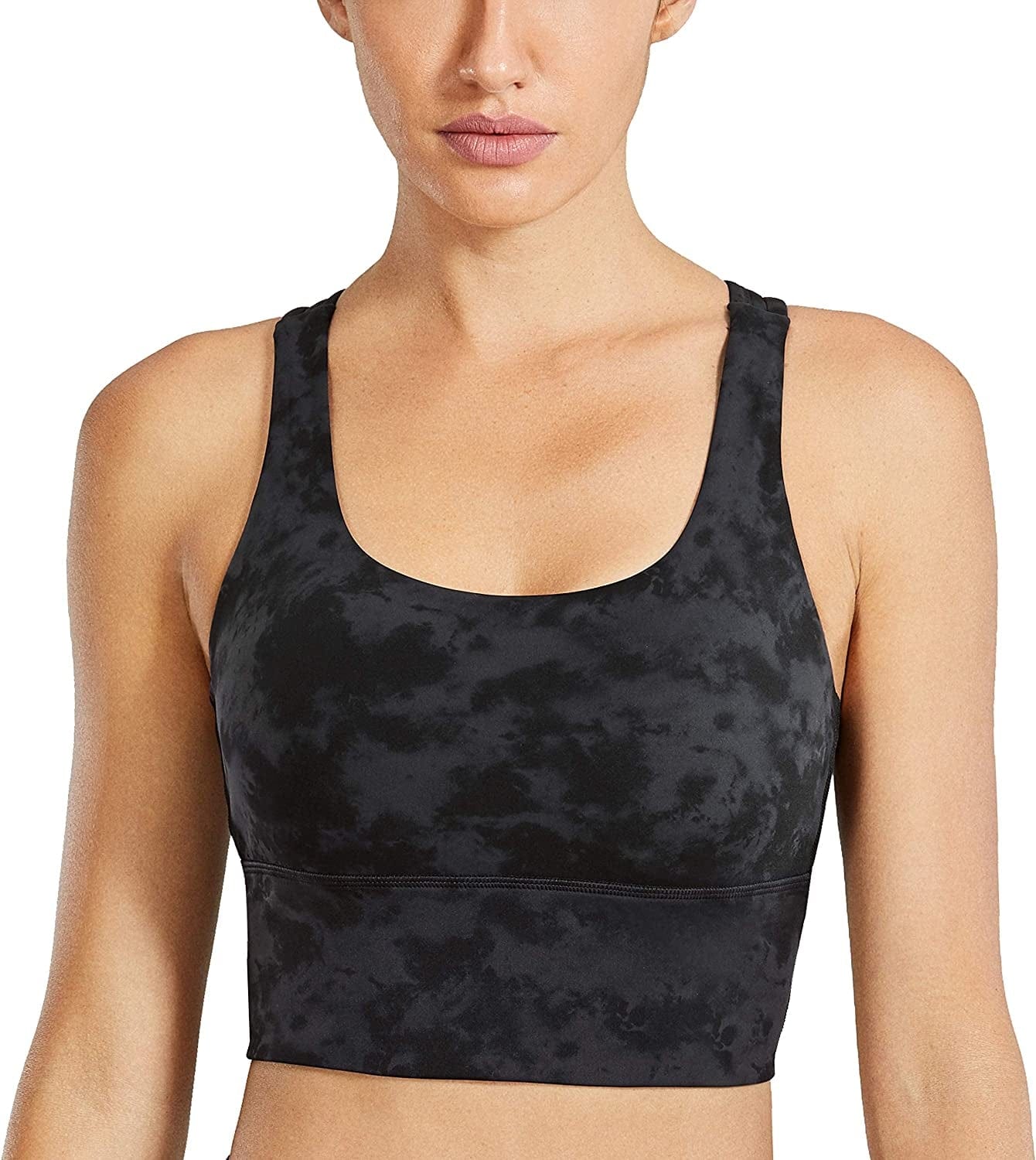 CRZ YOGA Women'S Strappy Longline Sports Bras - Wirefree Padded Medium Impact Workout Crop Tank Top Tie Dye Smoke Ink / Small