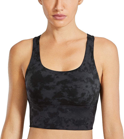 CRZ YOGA Women'S Strappy Longline Sports Bras - Wirefree Padded Medium Impact Workout Crop Tank Top Tie Dye Smoke Ink / Small