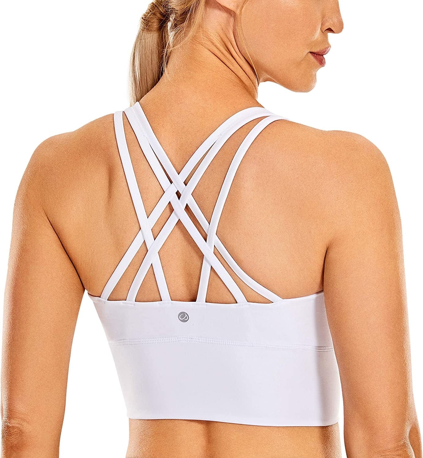 CRZ YOGA Women'S Strappy Longline Sports Bras - Wirefree Padded Medium Impact Workout Crop Tank Top White / X-Large