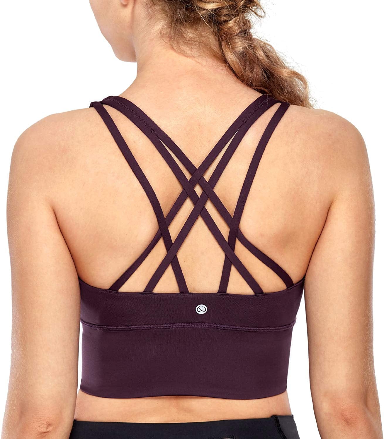 CRZ YOGA Women'S Strappy Longline Sports Bras - Wirefree Padded Medium Impact Workout Crop Tank Top Dark Violet / X-Large