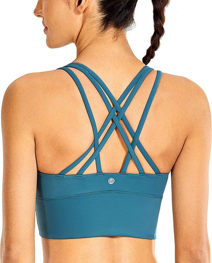 CRZ YOGA Women'S Strappy Longline Sports Bras - Wirefree Padded Medium Impact Workout Crop Tank Top Petrol Blue / Small