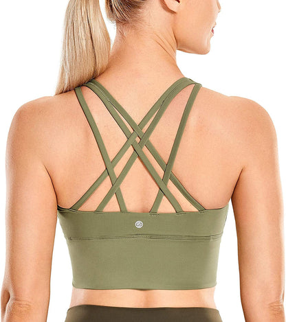 CRZ YOGA Women'S Strappy Longline Sports Bras - Wirefree Padded Medium Impact Workout Crop Tank Top