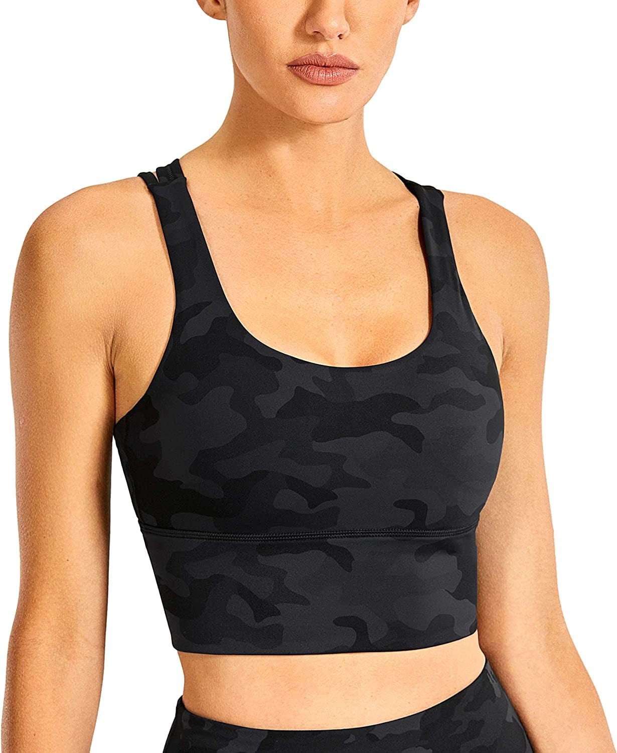 CRZ YOGA Women'S Strappy Longline Sports Bras - Wirefree Padded Medium Impact Workout Crop Tank Top